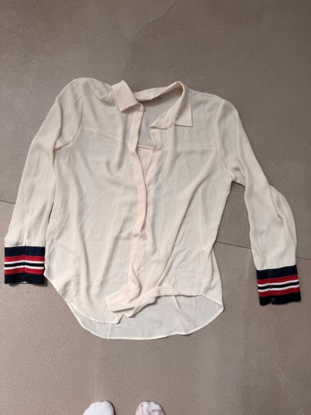 Zara Basic White Blouse with Striped Cuffs Size M